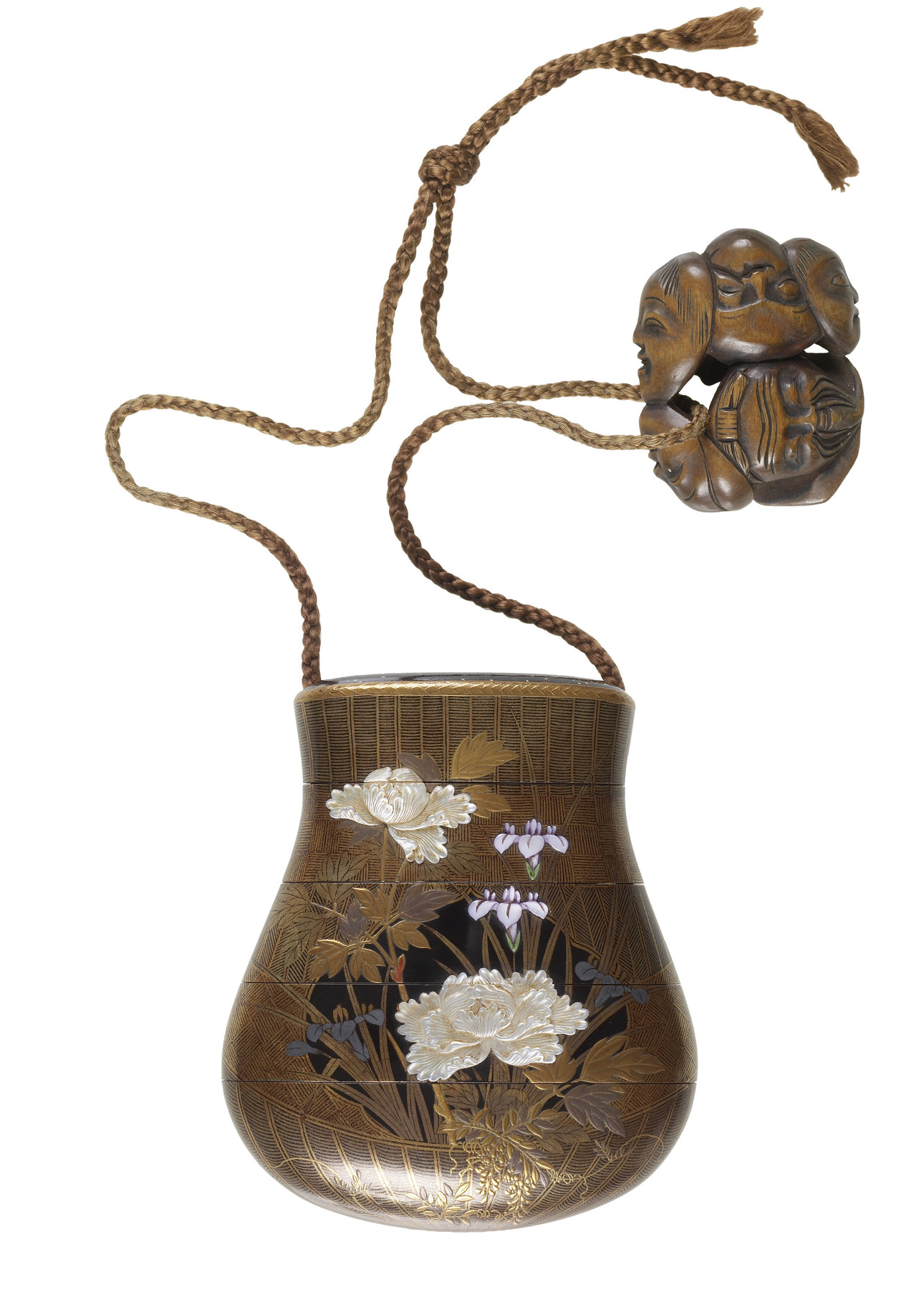 Image for Inro with Flowers on Basketwork Pattern; Netsuke of Seven Masks