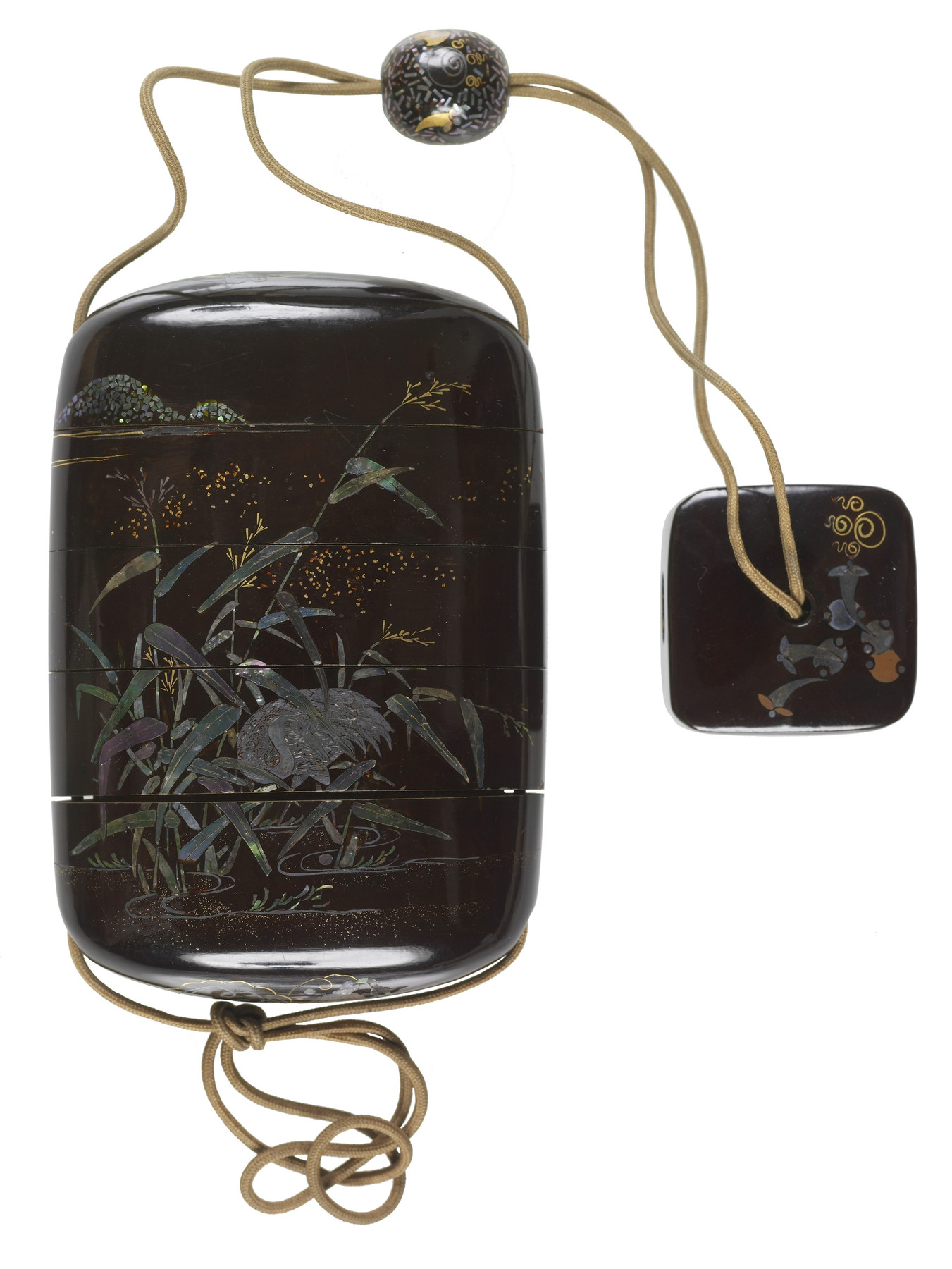 Image for Inro with Cranes in a Stream and the Moon Rising; Netsuke with Flowering Plants