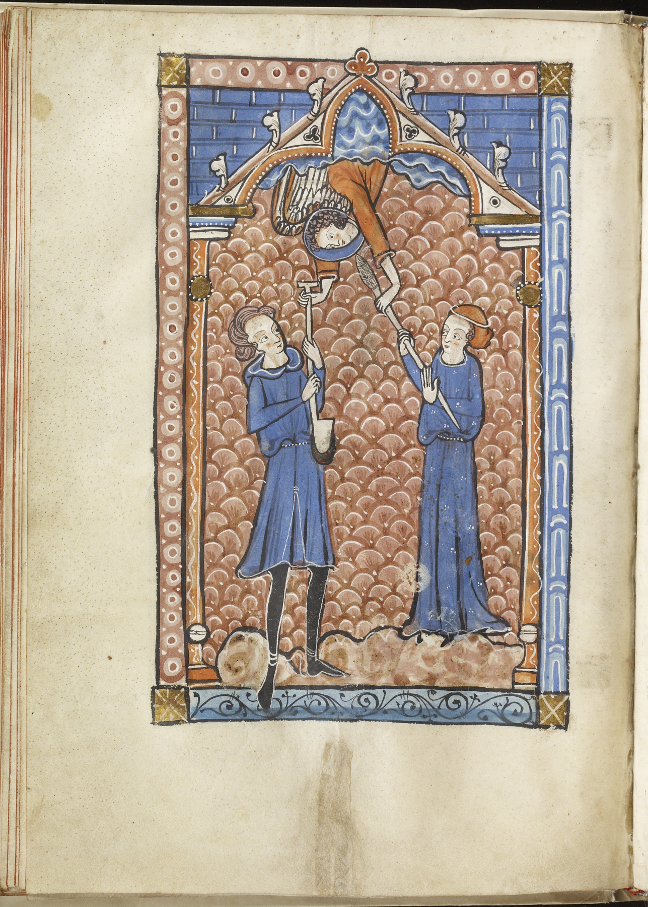 Image for Leaf from the Carrow Psalter: Angel Hands Spade to Adam and Spindle to Eve