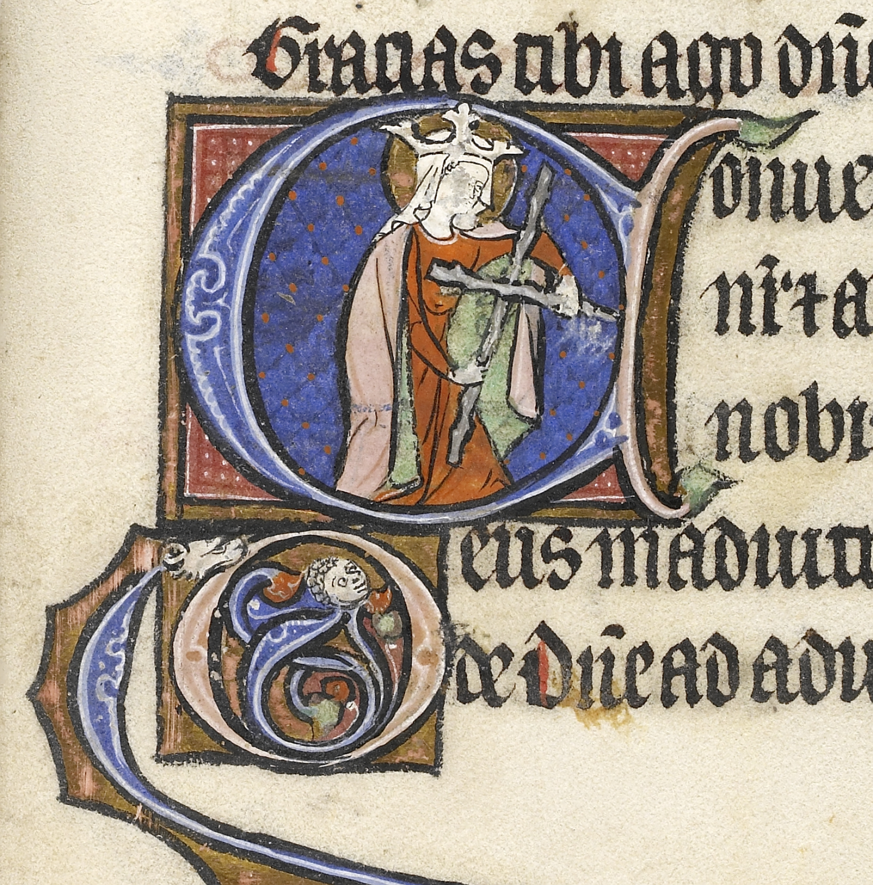 Image for Initial C with Queen of Sheba Making Sign of Cross with Two Knobbed Sticks