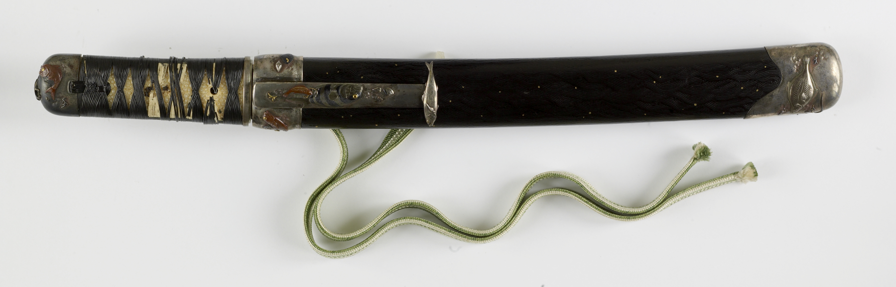 Image for Dagger (aikuchi) with dark brown saya with waves silver mountings, various fish (includes 51.1242.1-51.1242.2)