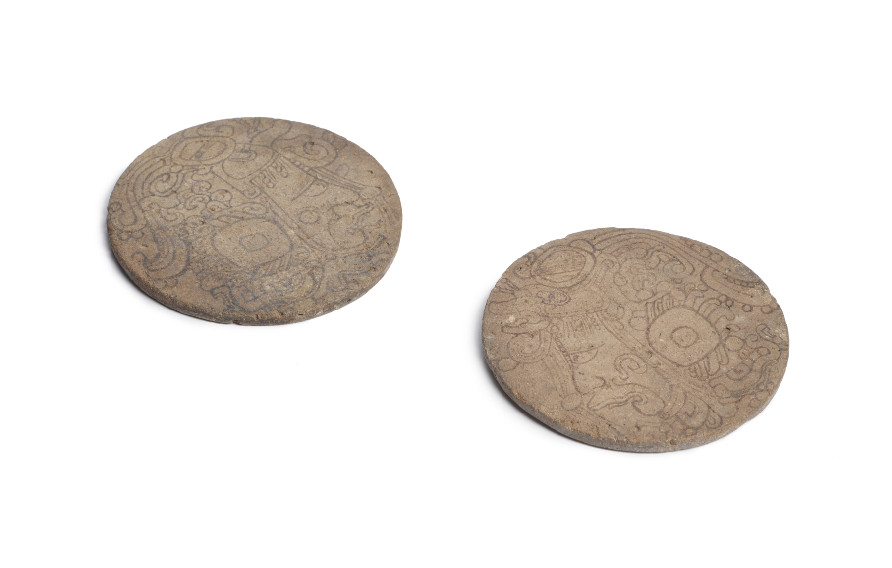 Image for One of a Pair of Maya Painted Earflare Frontals with Profile Deity Heads