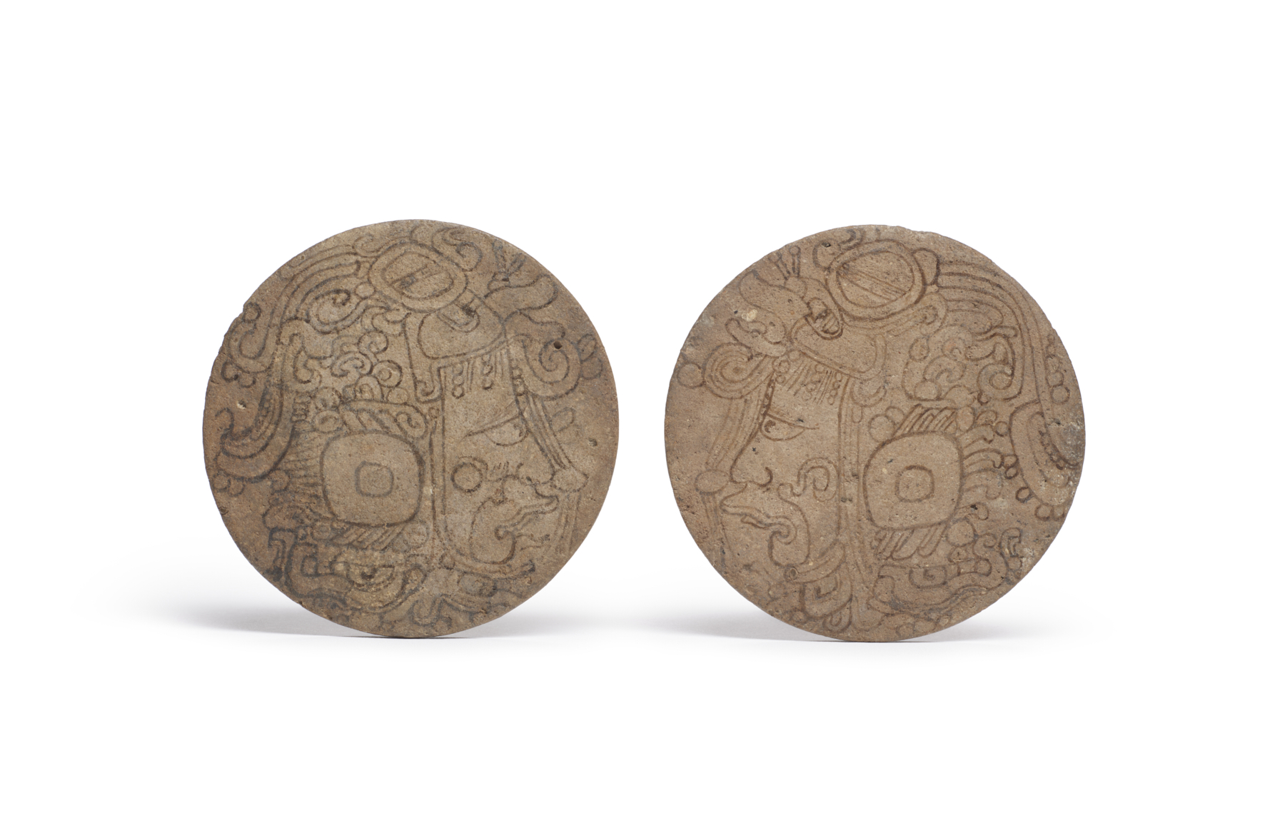 Image for One of a Pair of Maya Painted Earflares with Profile Deity Heads
