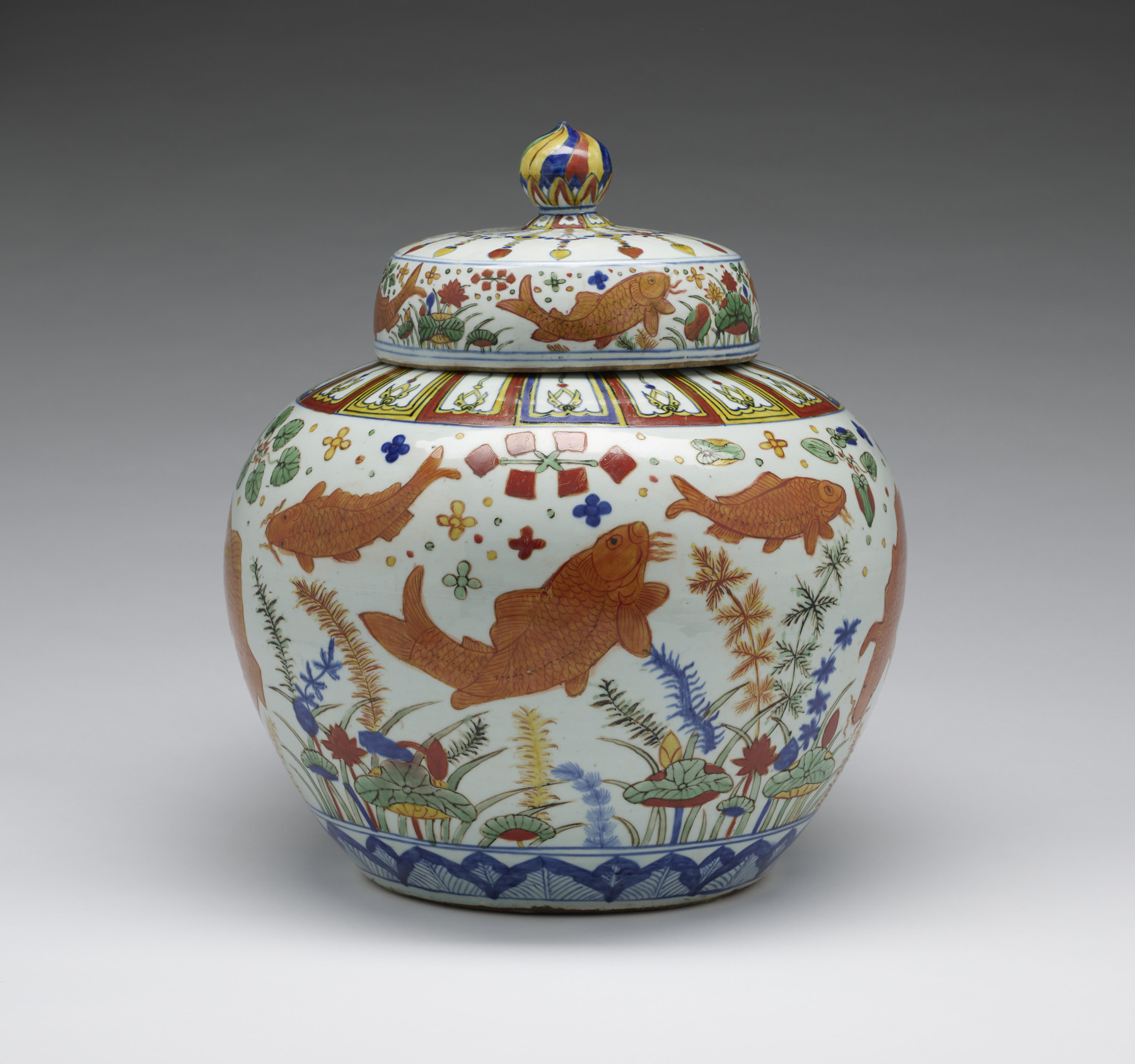 Image for Lidded Jar with Carp in Lotus Pond