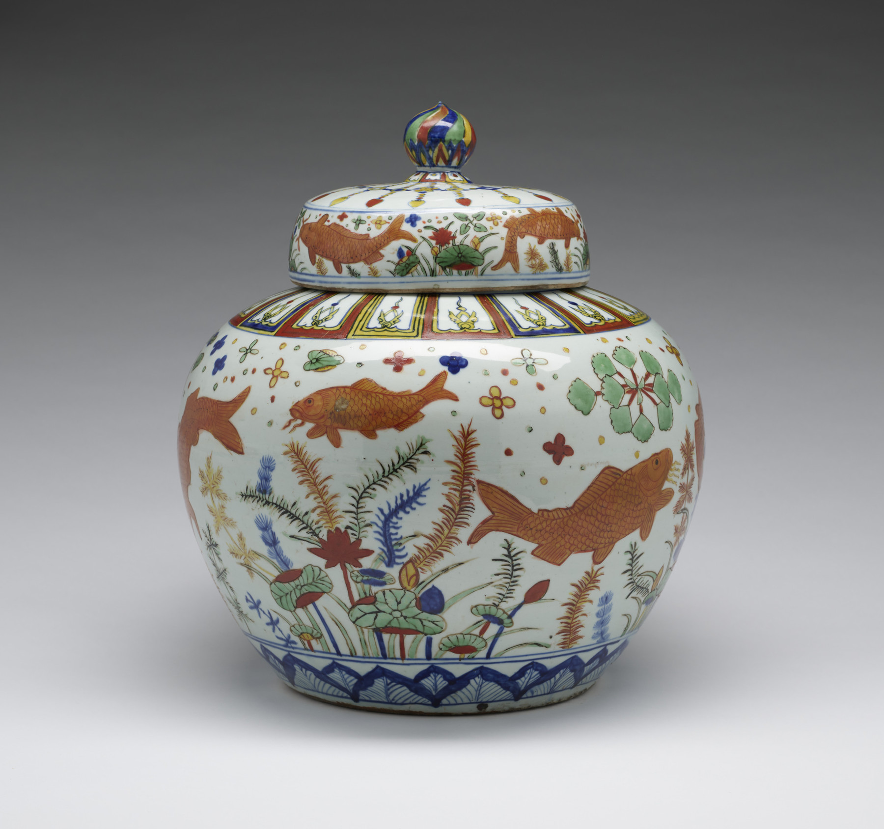Image for Lidded Jar with Carp in Lotus Pond
