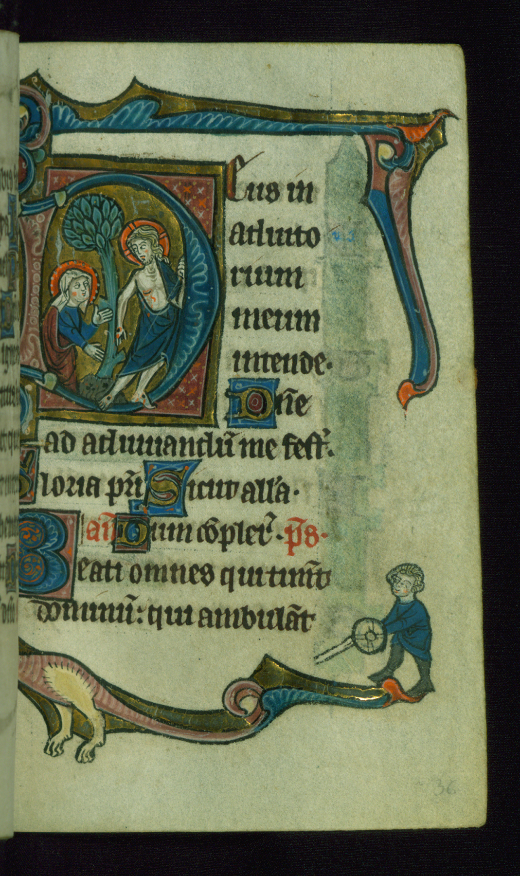 Image for Leaf from Book of Hours: Vespers, Initial "D" with Scene of "Noli me tangere" and Marginal Drollery of a Man with Sword and Shield and a Dragon