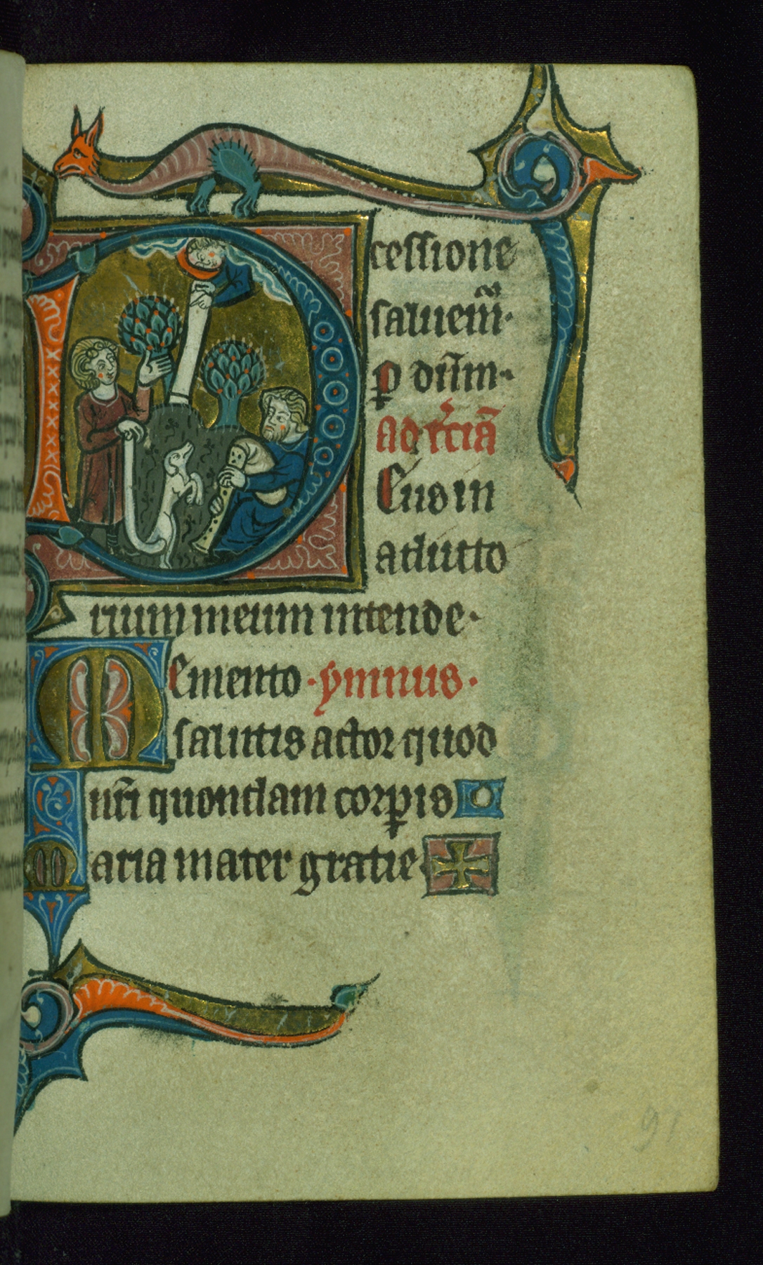 Image for Leaf from Book of Hours: Terce, Initial "D" with the Annunciation to the Shephers and Marginal Drollery of a Dragon