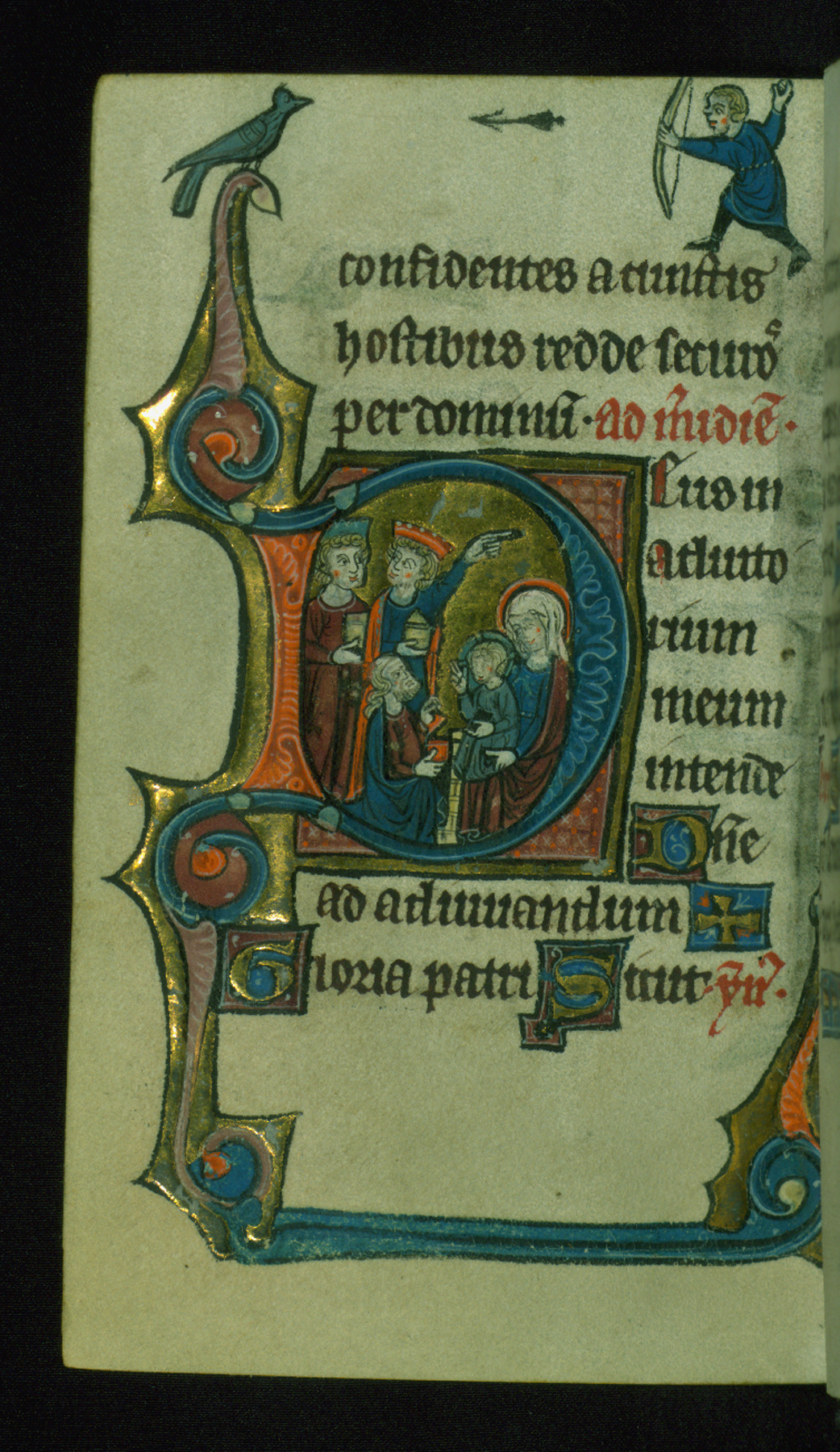 Image for Leaf from Book of Hours: Sext, Initial "D" with the Adoration of the Magi and Marginal Drollery of a Man Shooting an Arrow at a Bird