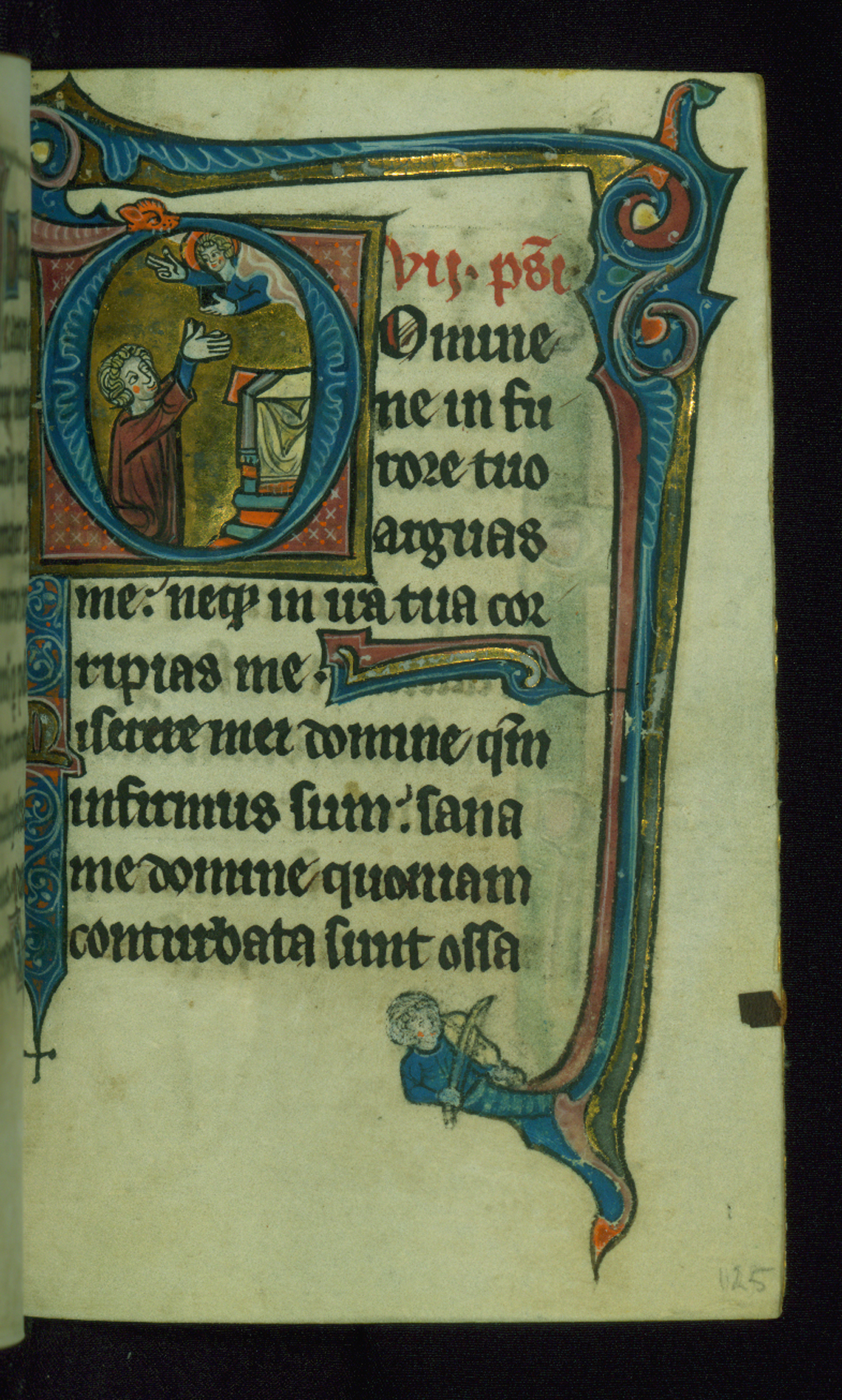 Image for Leaf from Book of Hours: Seven Penitential Psalms, Initial "D" Showing a Man Kneeling Before an Altar Praying, with God Descending from a Cloud and Marginal Drollery of a Man Playing a Vielle