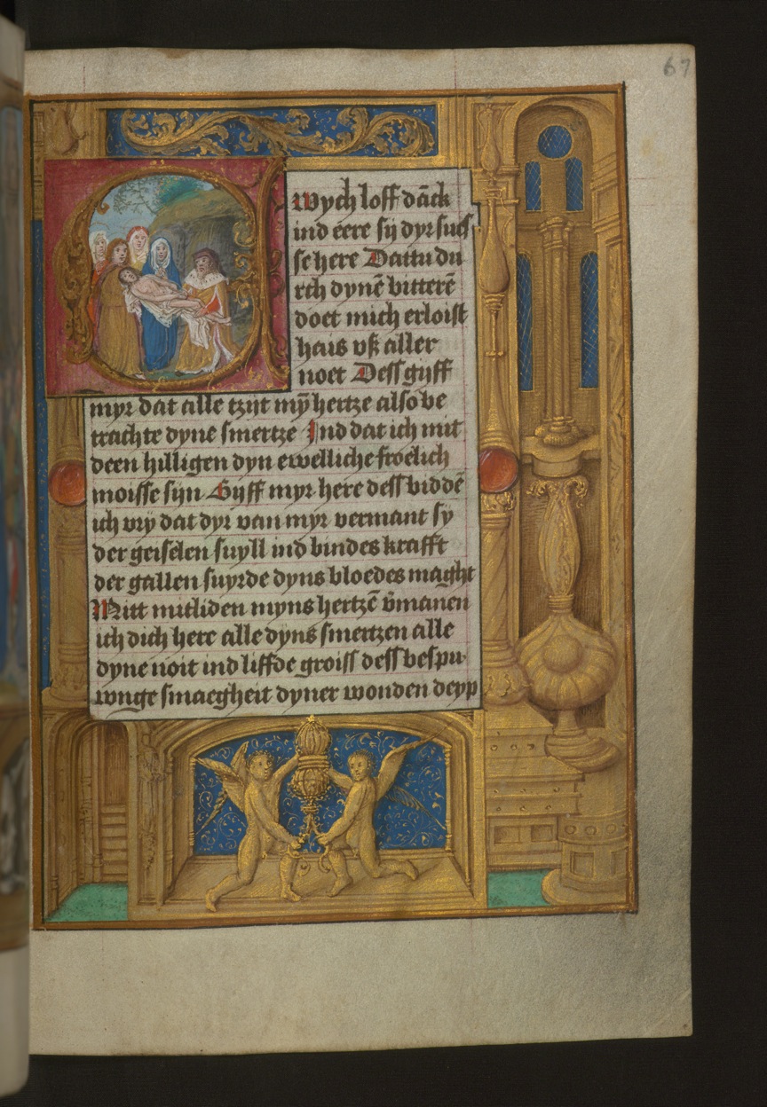Image for Leaf from Aussem Hours: Prayers of the Sufferings of Christ, Entombment with Illusionistic Architecture in Margins