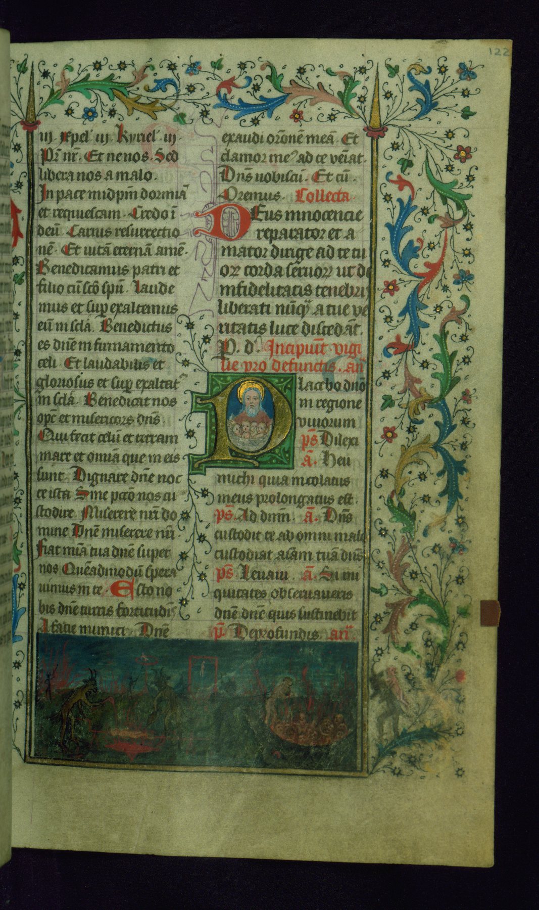 Image for Leaf from Breviary: Vigil from Office of the Dead, Initial P with the Bosom of Abraham and a Small Miniature of Hell