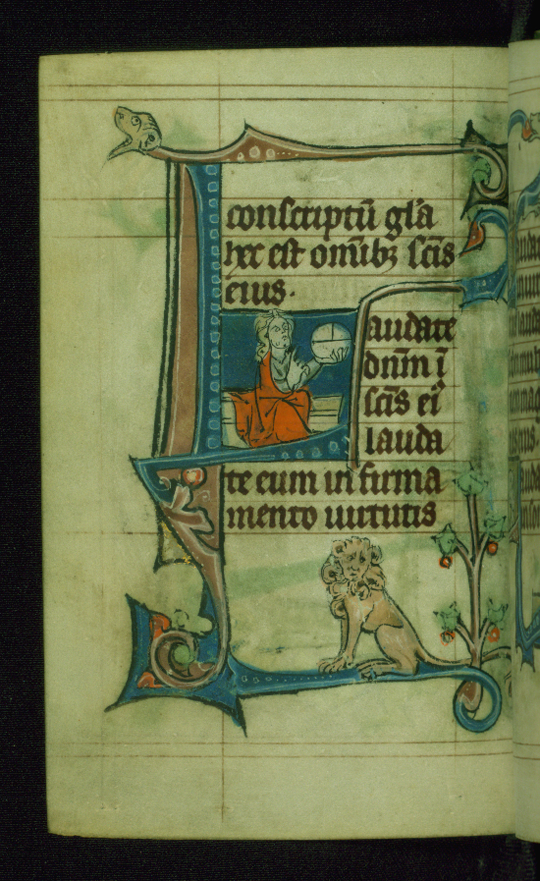 Image for Leaf from Book of Hours: Lauds from Hours of the Virgin, Initial L with Christ Enthroned Holding Globe