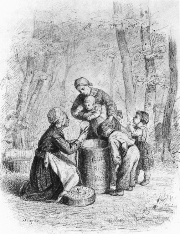 Mother and Children Shelling Peas