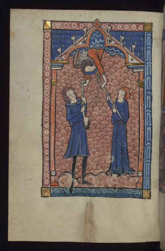 Leaf from the Carrow Psalter: Angel Hands Spade to Adam and Spindle to Eve