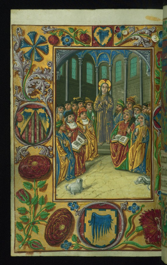 Leaf from the Almugavar Hours: Christ amoung the Doctors and a Decorative Border with Flowers and a Coat of Arms