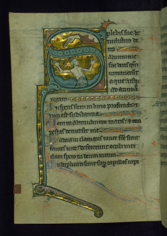 Leaf from Psalter of Jernoul de Camphaing: Initial S with David in Water below the Hand of God