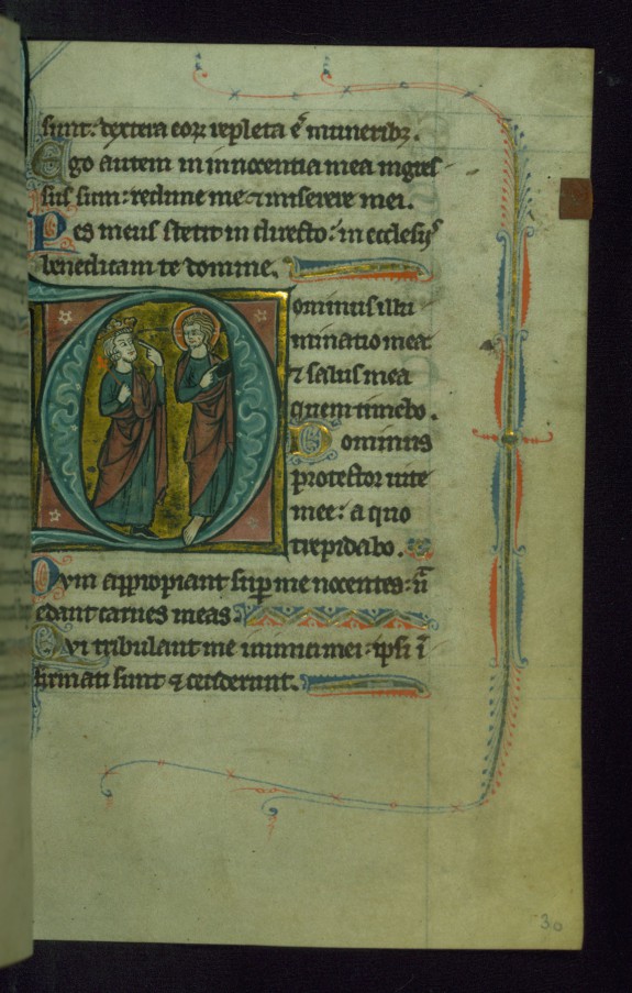 Leaf from Psalter of Jernoul de Camphaing: Initial D with King David Pointing to Eyes before Christ