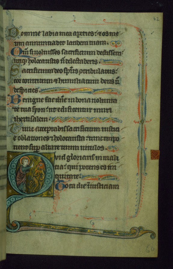 Leaf from Psalter of Jernoul de Camphaing: Initial Q with Christ Driving Away Devil