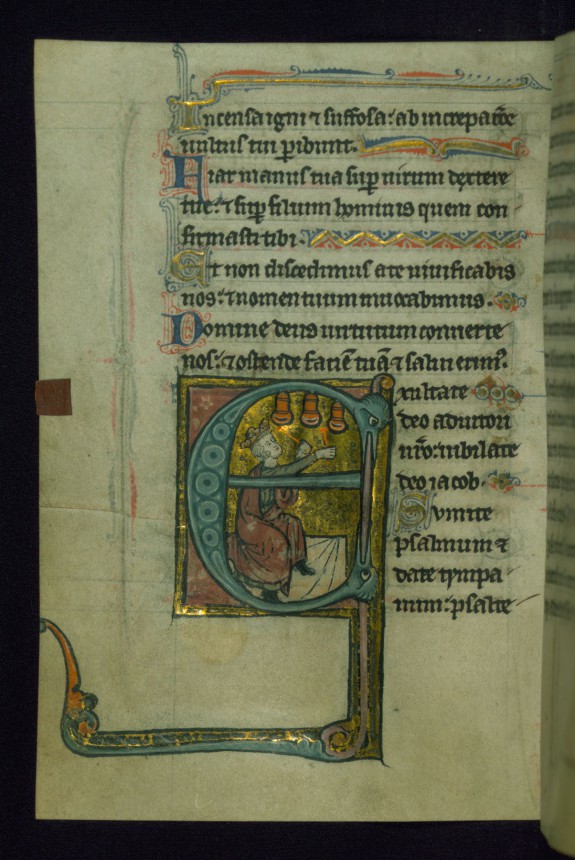 Leaf from Psalter of Jernoul de Camphaing: Initial E with King David Playing Bells