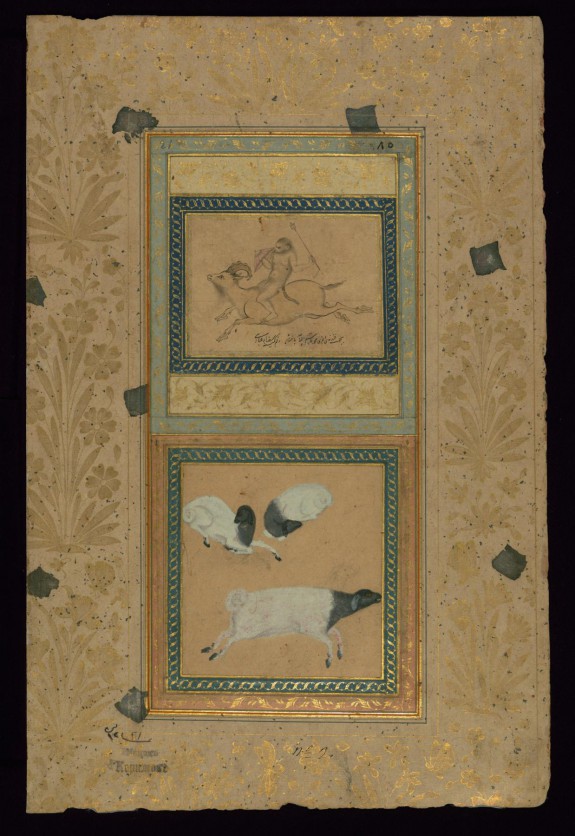 Single Leaf of a Monkey Riding a Goat and Three Sheep