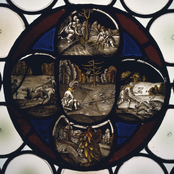 Stained Glass Quatrefoil Roundel with Hunting Scenes