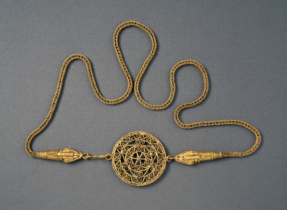 Necklace with Large Open-Work Disk and Snakes' Head Closure