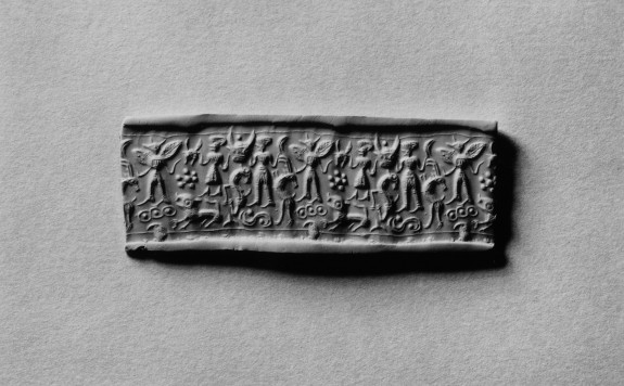 Cylinder Seal with Figures, a Winged Genius, and Animals