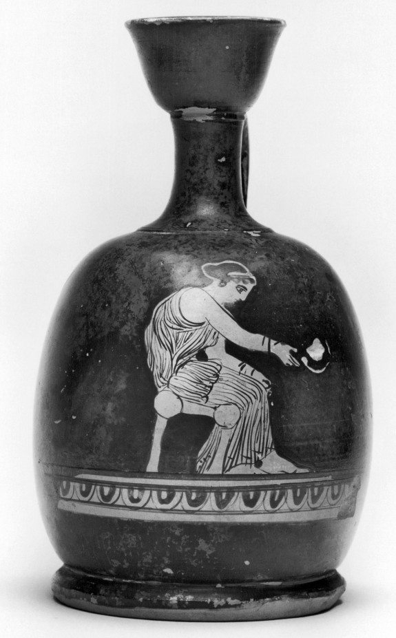 Squat Lekythos Depicting a Seated Woman