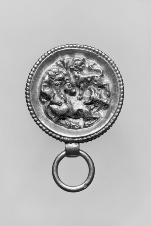 Pendant in the Form of a Round Box with Lions Attacking a Bull