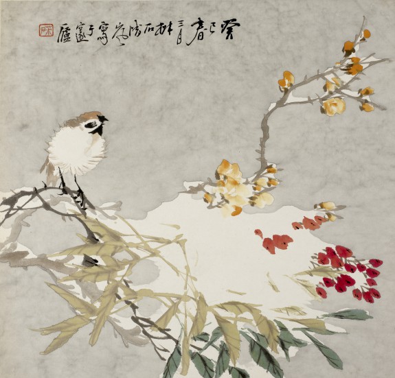 Bird on a Snow-Covered Flowering Apricot