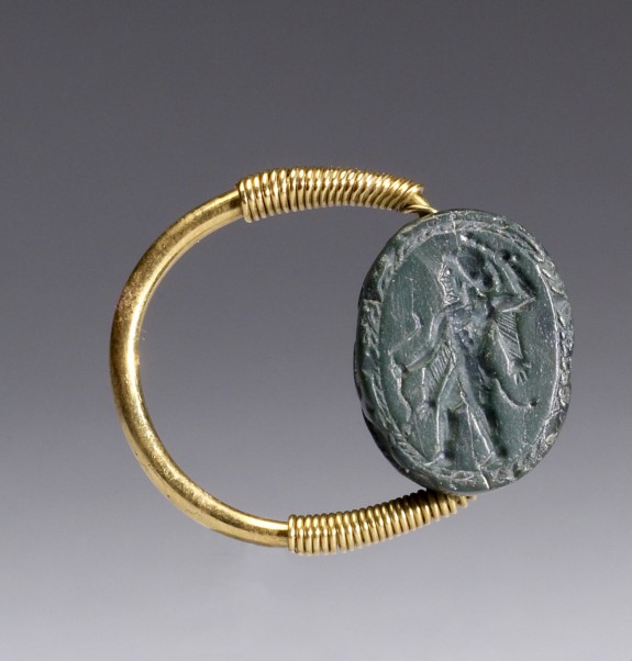 Scarab with Herakles Holding a Club and a Bow Set in a Swivel Ring