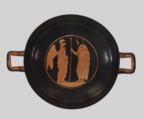 Stemless Kylix Depicting Nike and Ruler and Hermes and a Woman