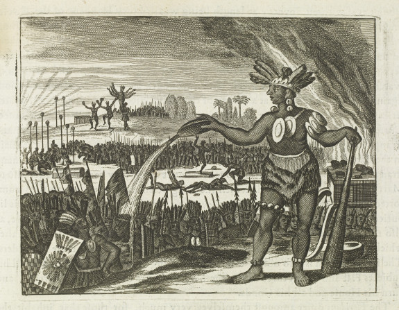 America being the latest, and most accurate description of the Nevv VVorld; containing the original of the inhabitants, and the remarkable voyages thither. The conquest of the vast empires of Mexico and Peru, and other large provinces and territories, with the several European plantations in those parts. Also their cities, fortresses, towns, temples, mountains, and rivers. Their habits, customs, manners, and religions. Their plants, beasts, birds, and serpents. With an appendix, containing, besides several other considerable additions, a brief survey of what hath been discover'd of the unknown south-land and the arctick region. Collected from most authentick authors, augmented with later observations, and adorn'd with maps and sculptures, by John Ogilby Esq; His Majesty's cosmographer, geographick printer ...