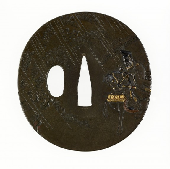 Tsuba with Mounted Warrior in the Rain | 51.111 | The Walters Art Museum