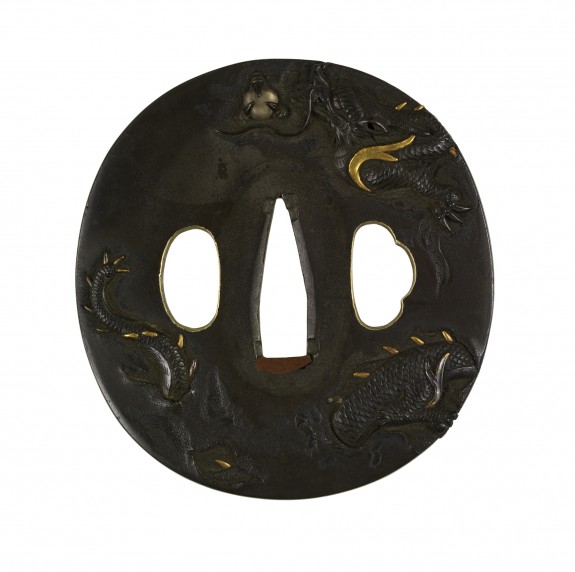 Tsuba with a Dragon Ascending Through Mist Clutching a Jewel