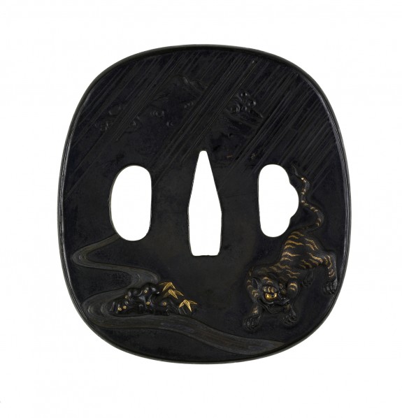 Tsuba with a Tiger and Bamboo in Rain