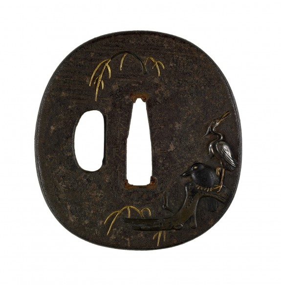 Tsuba with a Crow and a Heron on a Willow Branch