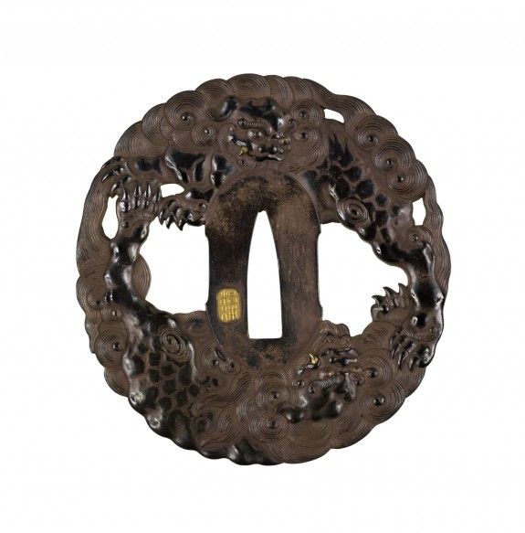 Tsuba with Chinese Lions Among Clouds