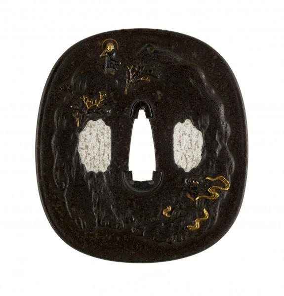 Tsuba with Buddha and Demon in Mountains