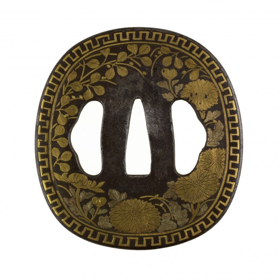 Tsuba with Chrysanthemums and Bush Clover