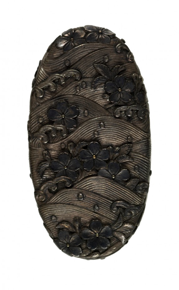 Kashira with Cherry Blossoms Floating on Waves