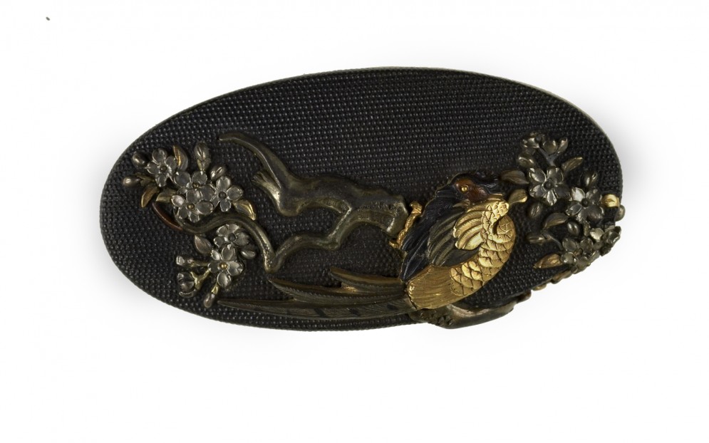 Kashira with a Pheasant on a Blossoming Cherry Tree Branch