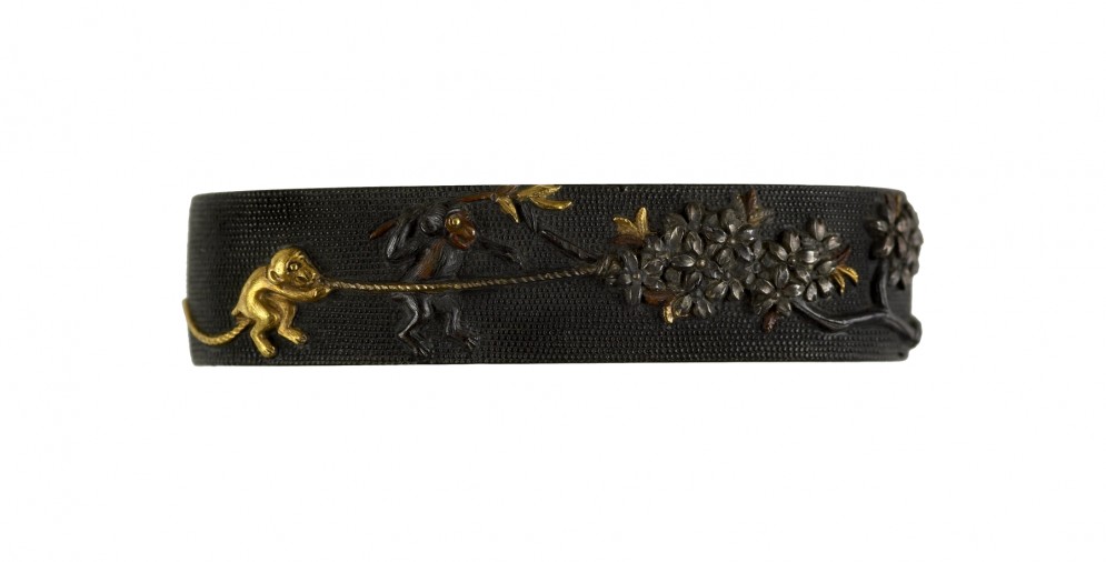 Fuchi with Monkeys and Blossoming Cherry Tree Branch