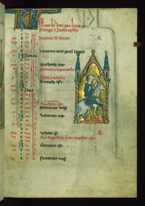 Leaf from Psalter May Calendar, Falconer on Horseback W.35.3R The