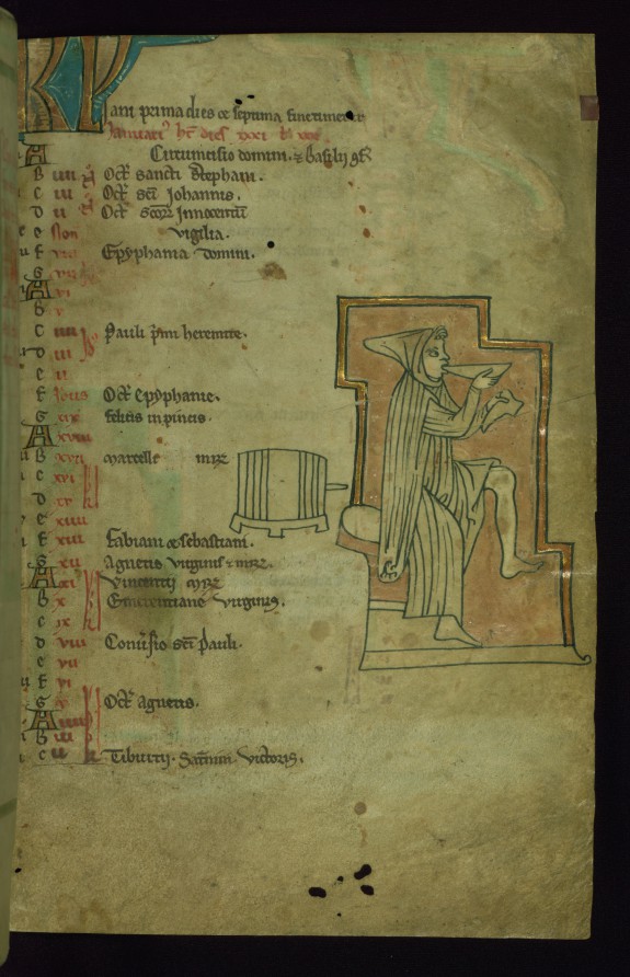 Leaf from the Touke Psalter: January Calendar, Seated Man Drinking from Bowl with Shoe in Hand