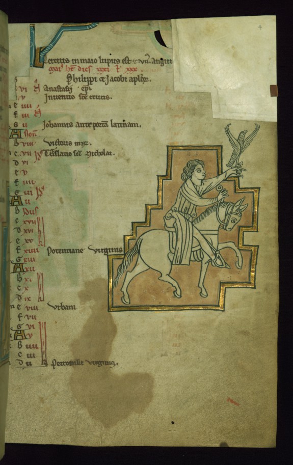 Leaf from the Touke Psalter: May Calendar, Falconer Riding a Horse