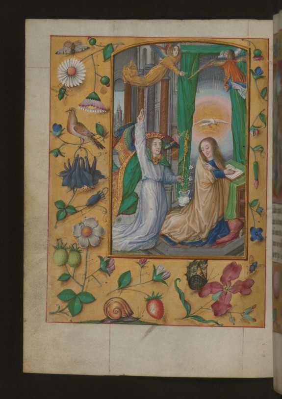 Leaf from Aussem Hours: Hours for the Virgin, Annunciation with Flowers and Insects in Margins