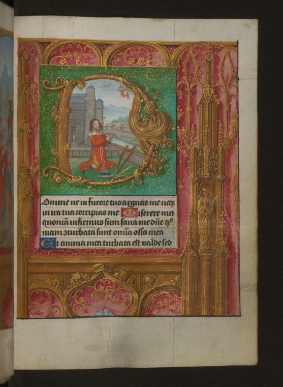 Leaf from Aussem Hours: Seven Penitential Psalms, David Kneeling and Illusionistic Architecture in Margins