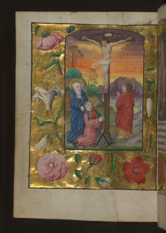 Leaf from Aussem Hours: Hours of the Cross, Crucifixion with Mary, John, and a Donor with Aussem Coat of Arms