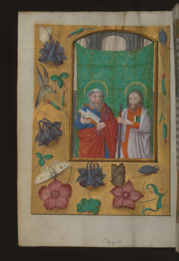 Leaf from Aussem Horus: Prayer to Saint Peter, Saints Peter and Paul with Marginal Flowers and Insects